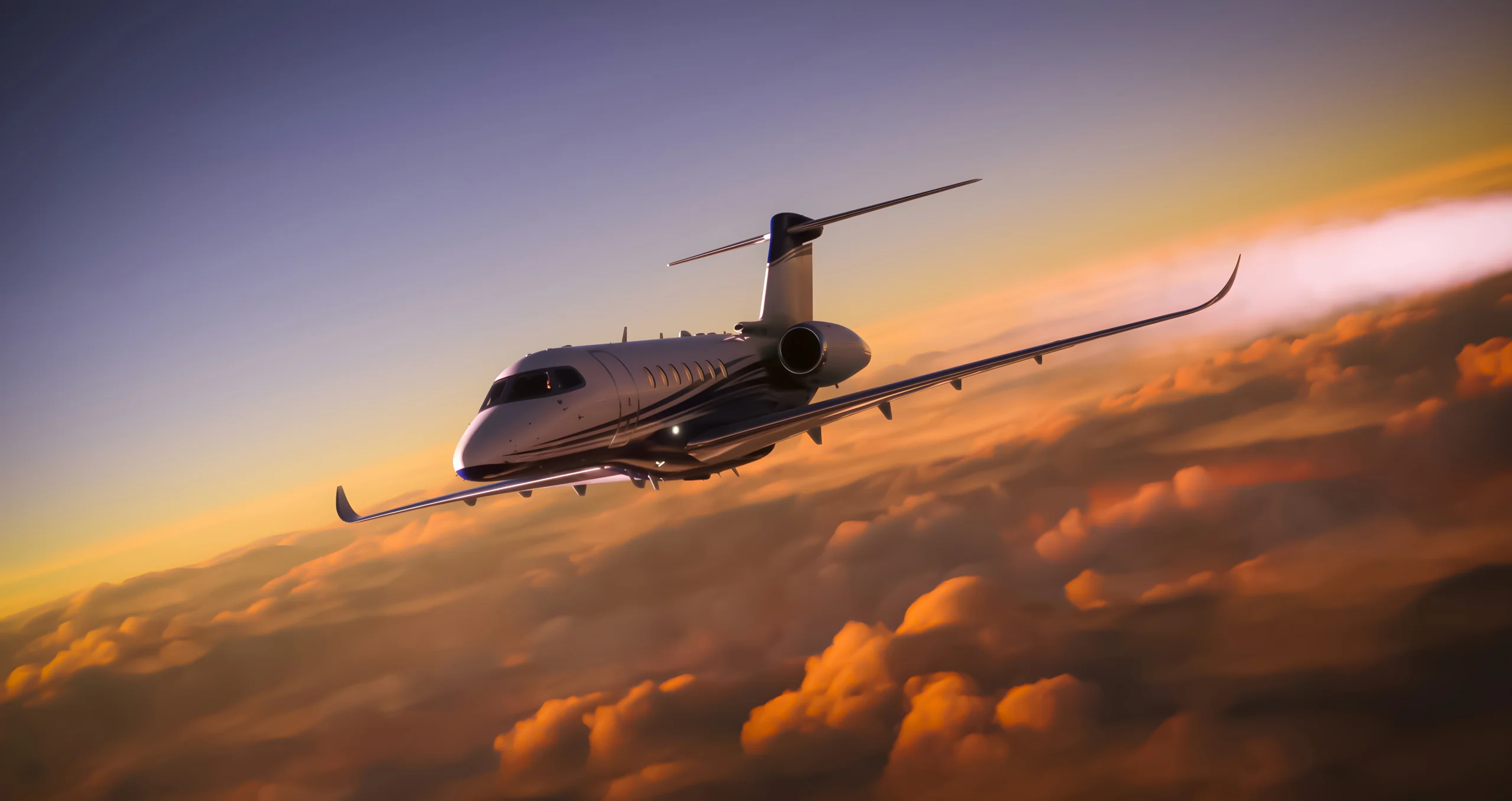 A private jet soaring above the clouds at sunset, representing the financial freedom and elevated lifestyle achieved through smart investing.